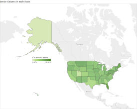 Find out the percentage and number of senior citizens in each state by clicking on the map.